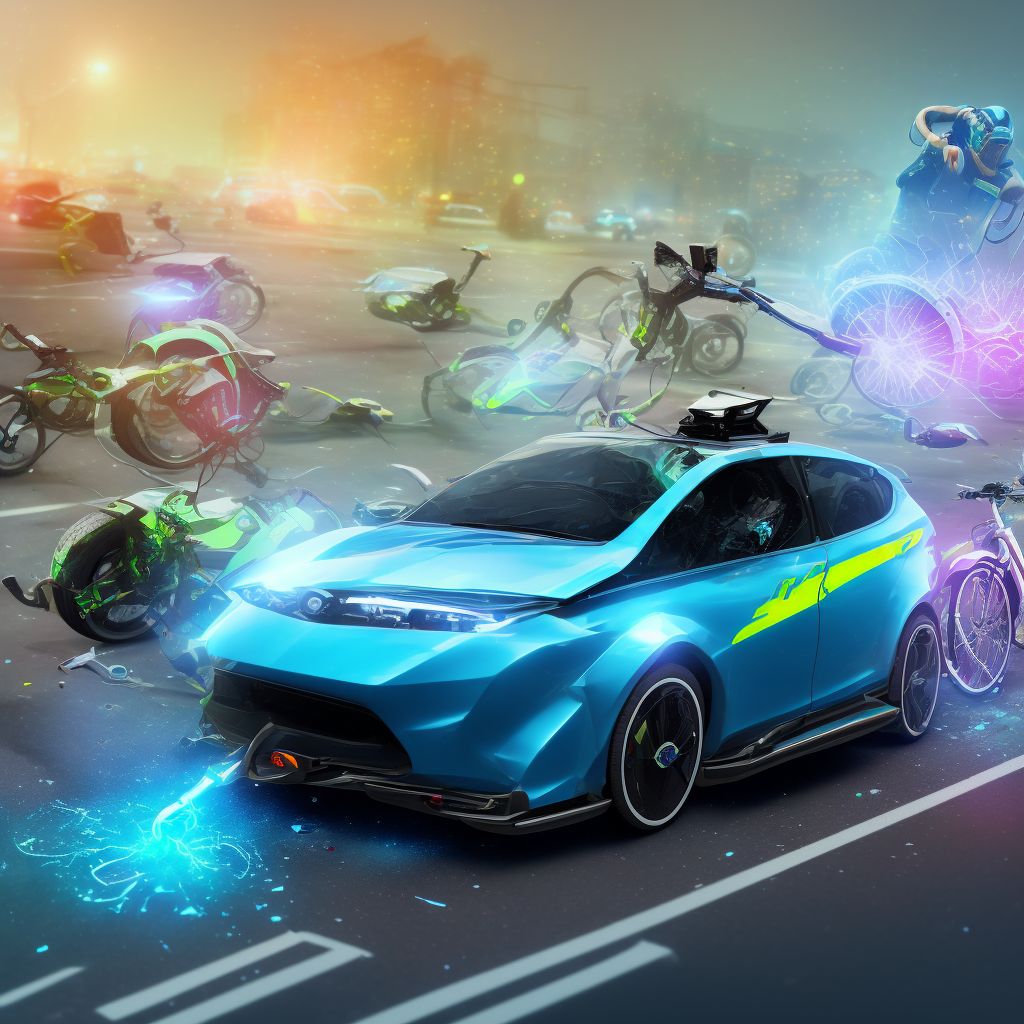 Unspecified electric (assisted) bicycle rider injured in collision with two- or three-wheeled motor vehicle in traffic accident, subsequent encounter digital illustration