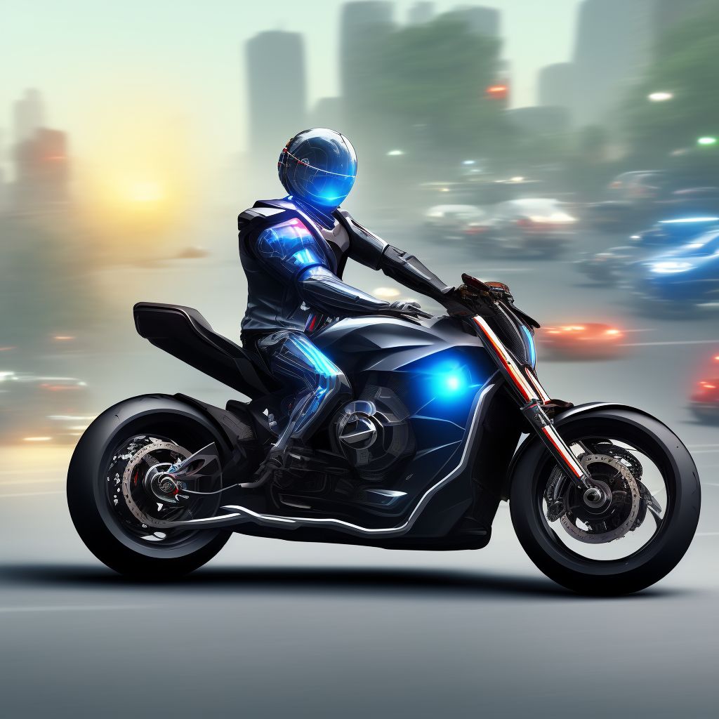 Unspecified motorcycle rider injured in collision with two- or three-wheeled motor vehicle in traffic accident, initial encounter digital illustration