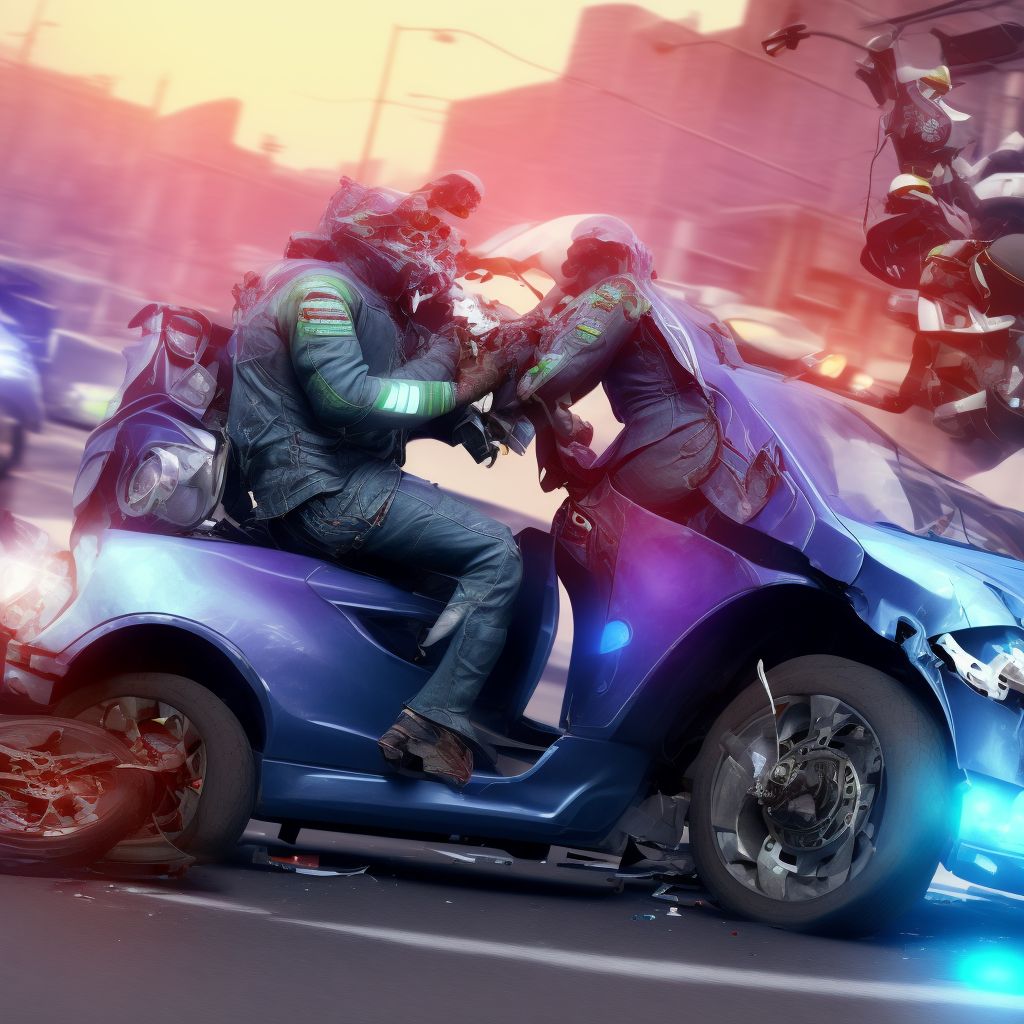 Other motorcycle passenger injured in collision with car, pick-up truck or van in nontraffic accident, sequela digital illustration