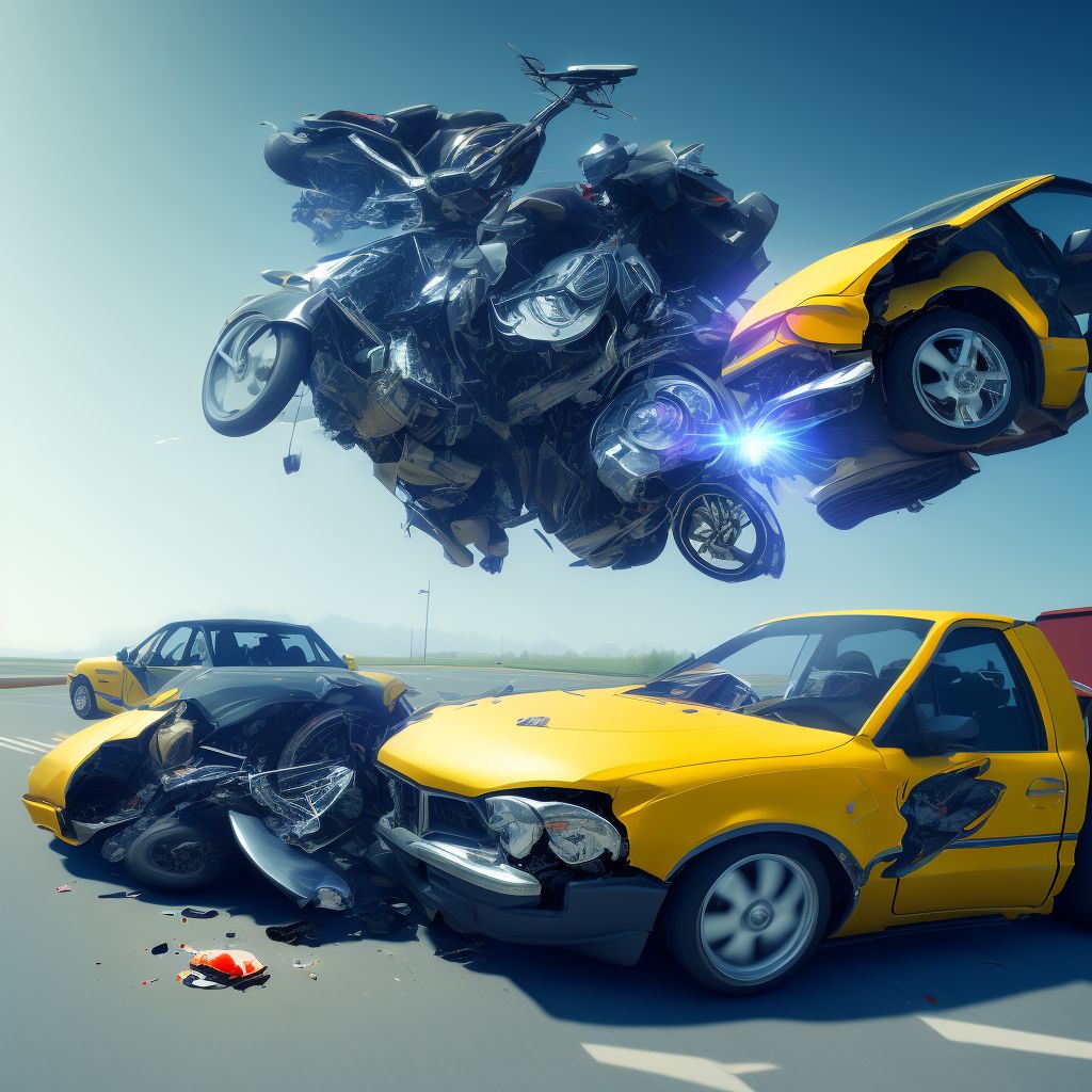 Motorcycle passenger injured in collision with car, pick-up truck or van in nontraffic accident, initial encounter digital illustration