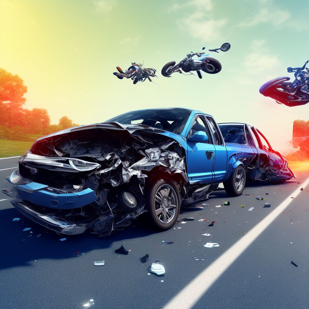 Motorcycle passenger injured in collision with car, pick-up truck or van in nontraffic accident, subsequent encounter digital illustration