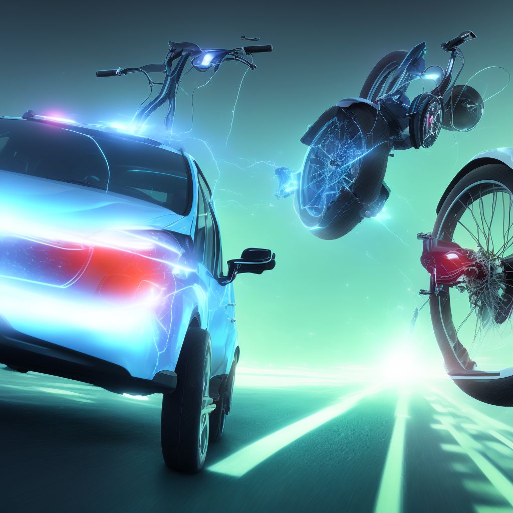 Person boarding or alighting an electric (assisted) bicycle injured in collision with car, pick-up truck or van, subsequent encounter digital illustration