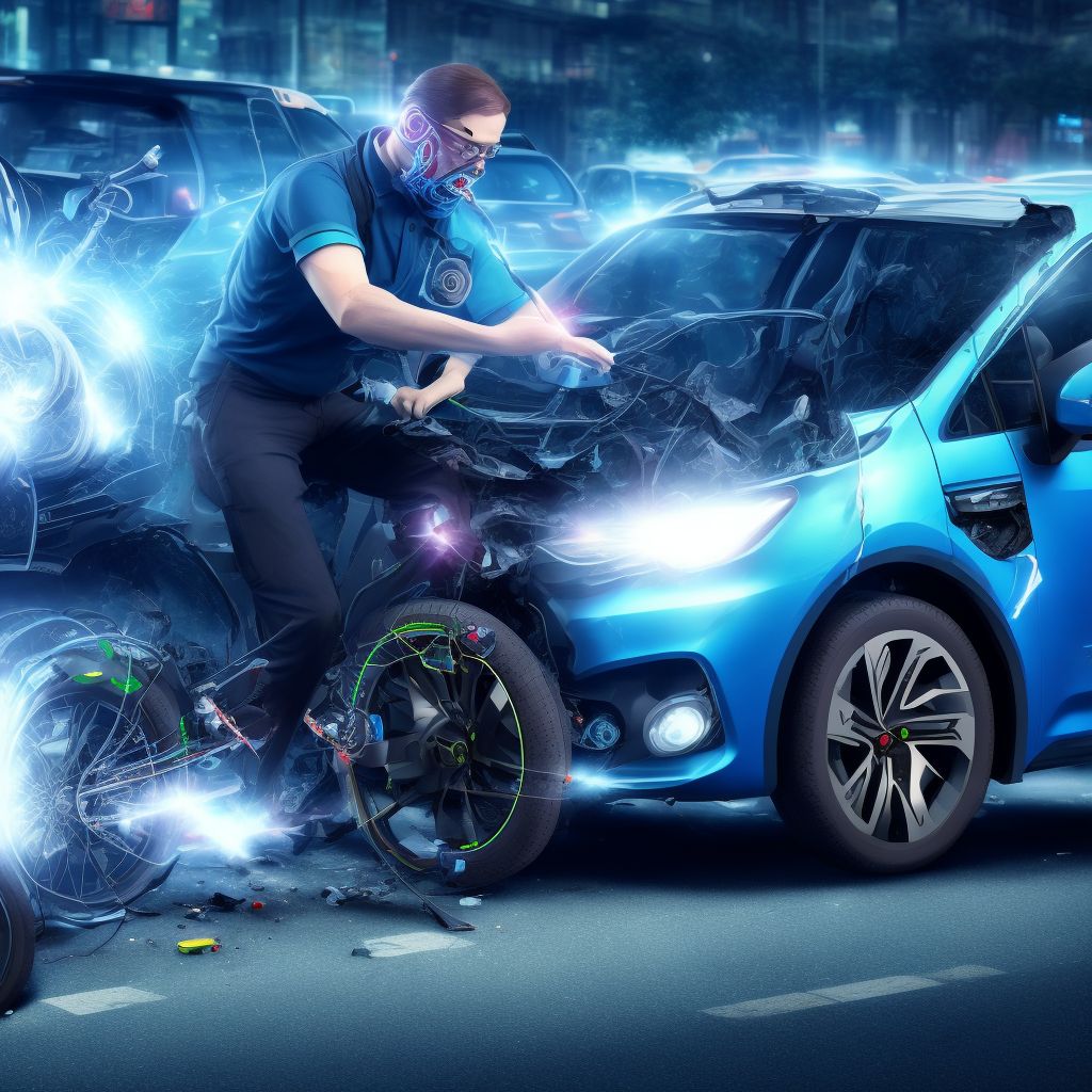 Electric (assisted) bicycle driver injured in collision with car, pick-up truck or van in traffic accident, subsequent encounter digital illustration