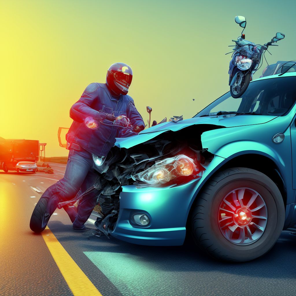 Motorcycle driver injured in collision with car, pick-up truck or van in traffic accident, initial encounter digital illustration