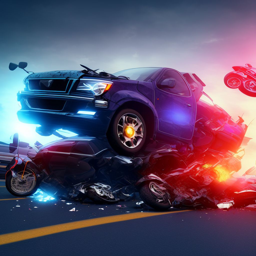 Motorcycle driver injured in collision with car, pick-up truck or van in traffic accident, sequela digital illustration