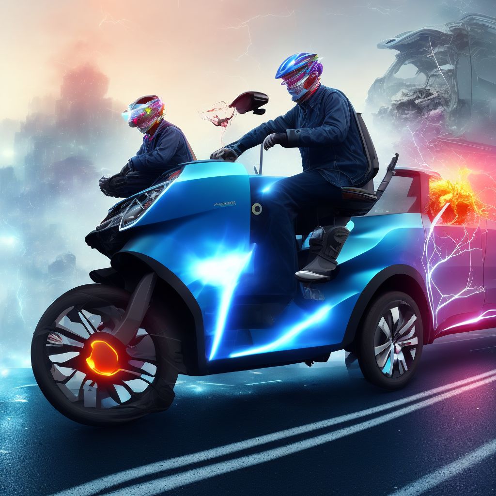 Electric (assisted) bicycle passenger injured in collision with car, pick-up truck or van in traffic accident, subsequent encounter digital illustration