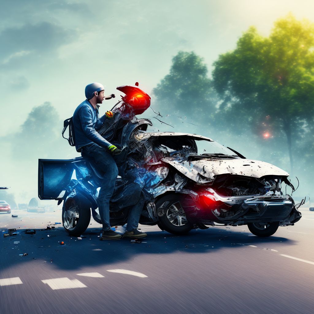 Other motorcycle passenger injured in collision with car, pick-up truck or van in traffic accident, initial encounter digital illustration