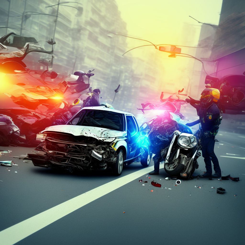 Motorcycle passenger injured in collision with car, pick-up truck or van in traffic accident, sequela digital illustration