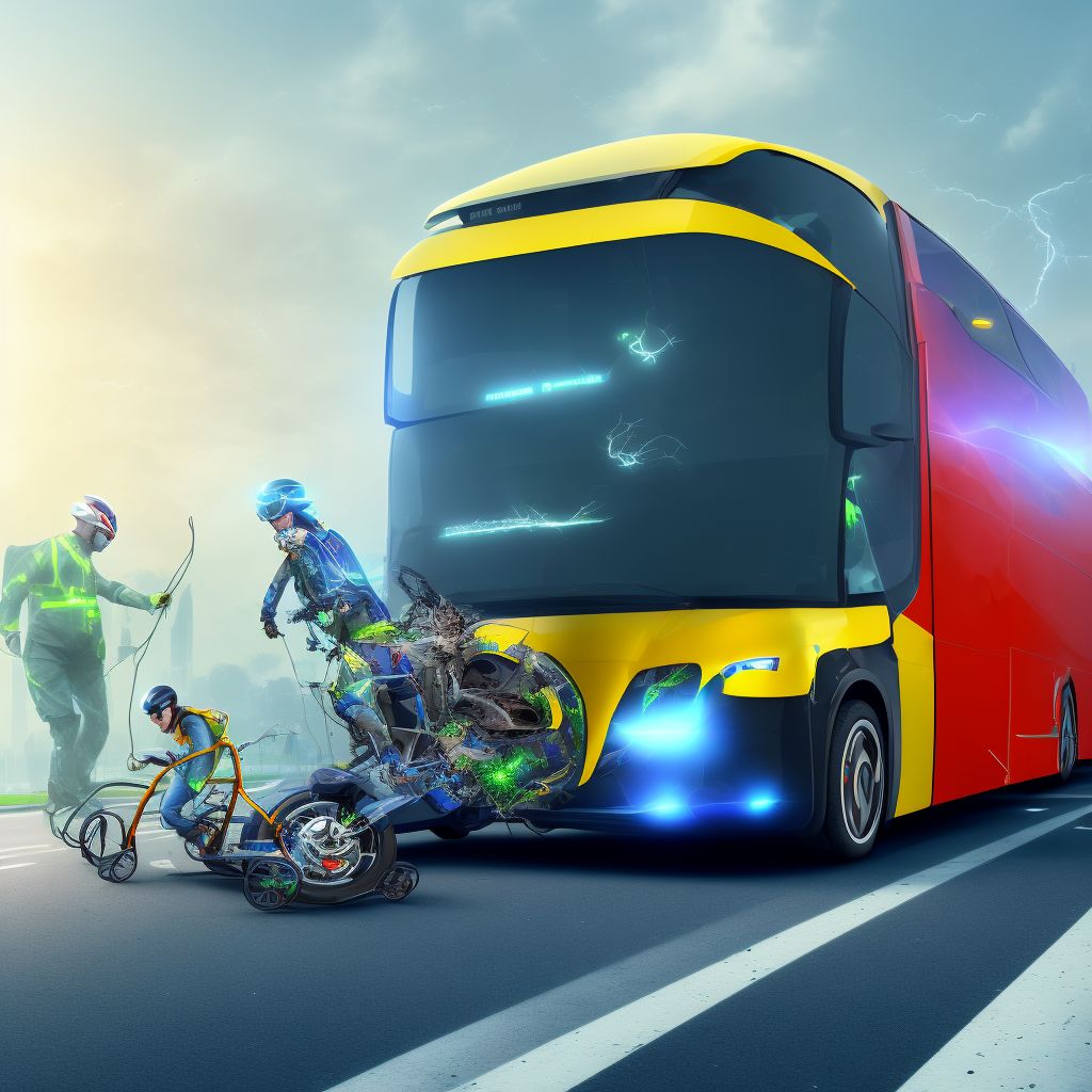 Electric (assisted) bicycle driver injured in collision with heavy transport vehicle or bus in nontraffic accident, subsequent encounter digital illustration