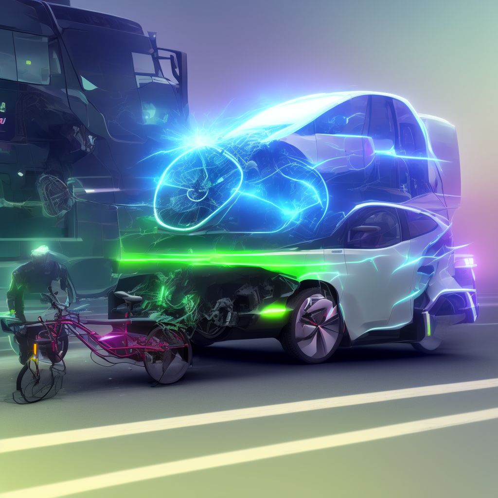 Electric (assisted) bicycle driver injured in collision with heavy transport vehicle or bus in nontraffic accident, sequela digital illustration