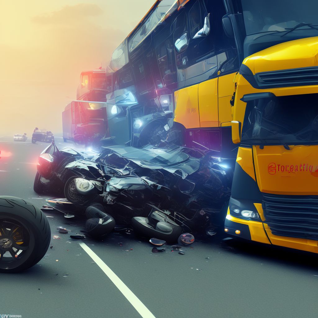 Other motorcycle driver injured in collision with heavy transport vehicle or bus in nontraffic accident, initial encounter digital illustration