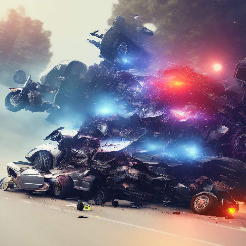 Other motorcycle driver injured in collision with heavy transport vehicle or bus in nontraffic accident, subsequent encounter digital illustration