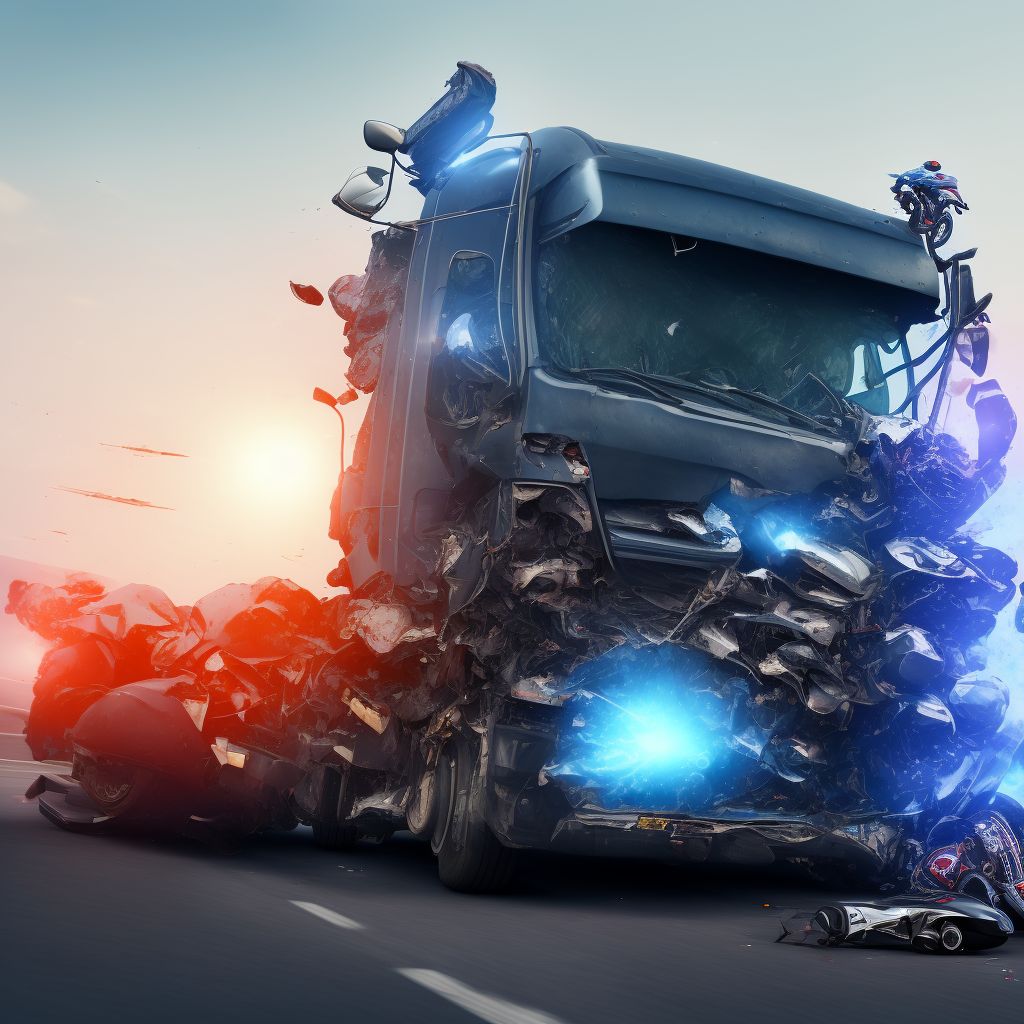 Motorcycle driver injured in collision with heavy transport vehicle or bus in nontraffic accident, initial encounter digital illustration