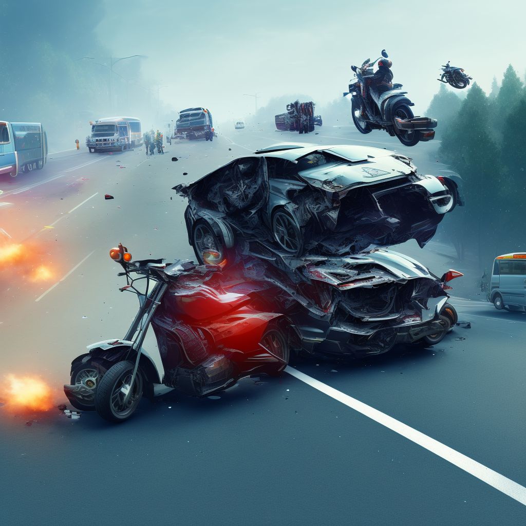 Other motorcycle passenger injured in collision with heavy transport vehicle or bus in nontraffic accident, initial encounter digital illustration