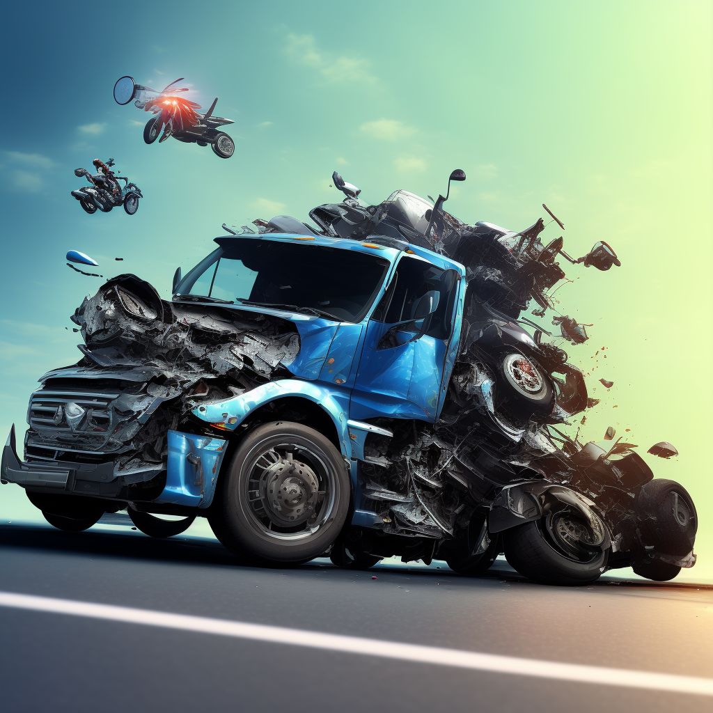 Other motorcycle passenger injured in collision with heavy transport vehicle or bus in nontraffic accident, subsequent encounter digital illustration