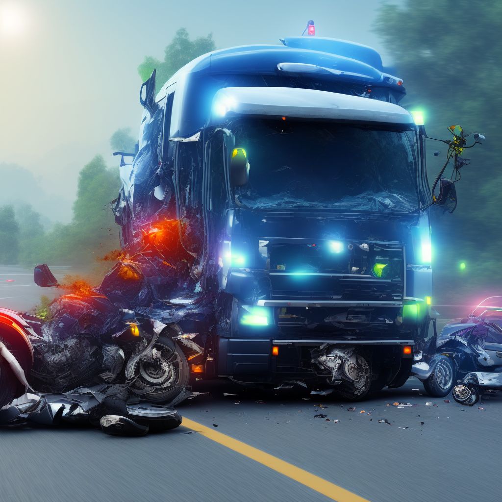 Other motorcycle passenger injured in collision with heavy transport vehicle or bus in nontraffic accident, sequela digital illustration