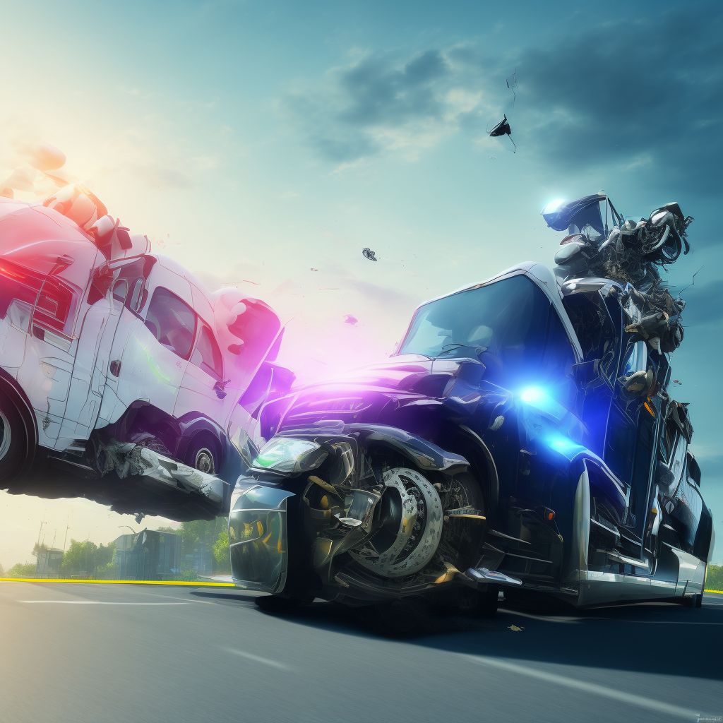 Motorcycle passenger injured in collision with heavy transport vehicle or bus in nontraffic accident, initial encounter digital illustration