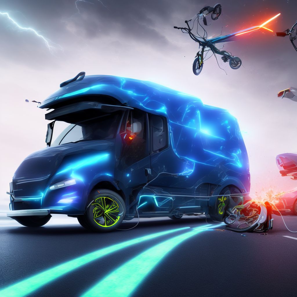 Unspecified electric (assisted) bicycle rider injured in collision with heavy transport vehicle or bus in nontraffic accident, subsequent encounter digital illustration