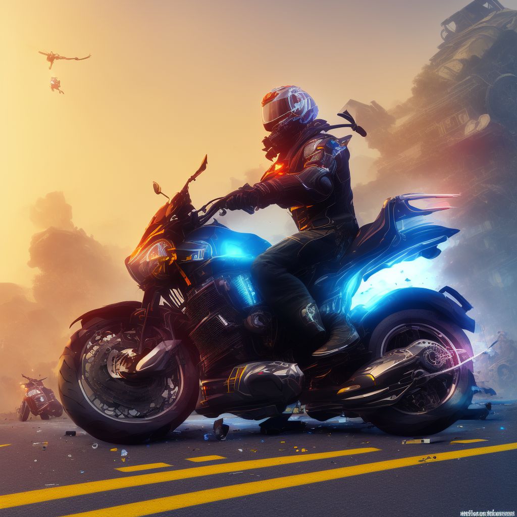 Unspecified rider of other motorcycle injured in collision with heavy transport vehicle or bus in nontraffic accident, subsequent encounter digital illustration