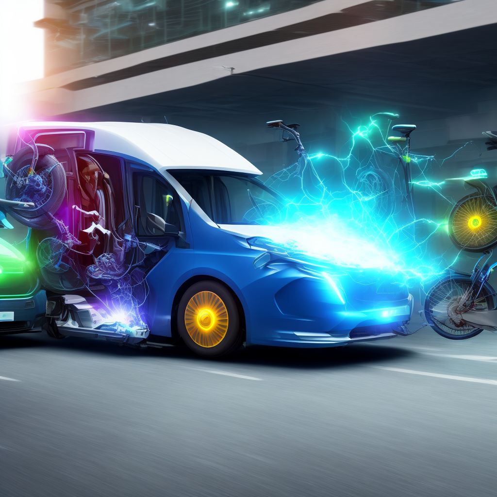 Electric (assisted) bicycle driver injured in collision with heavy transport vehicle or bus in traffic accident, initial encounter digital illustration