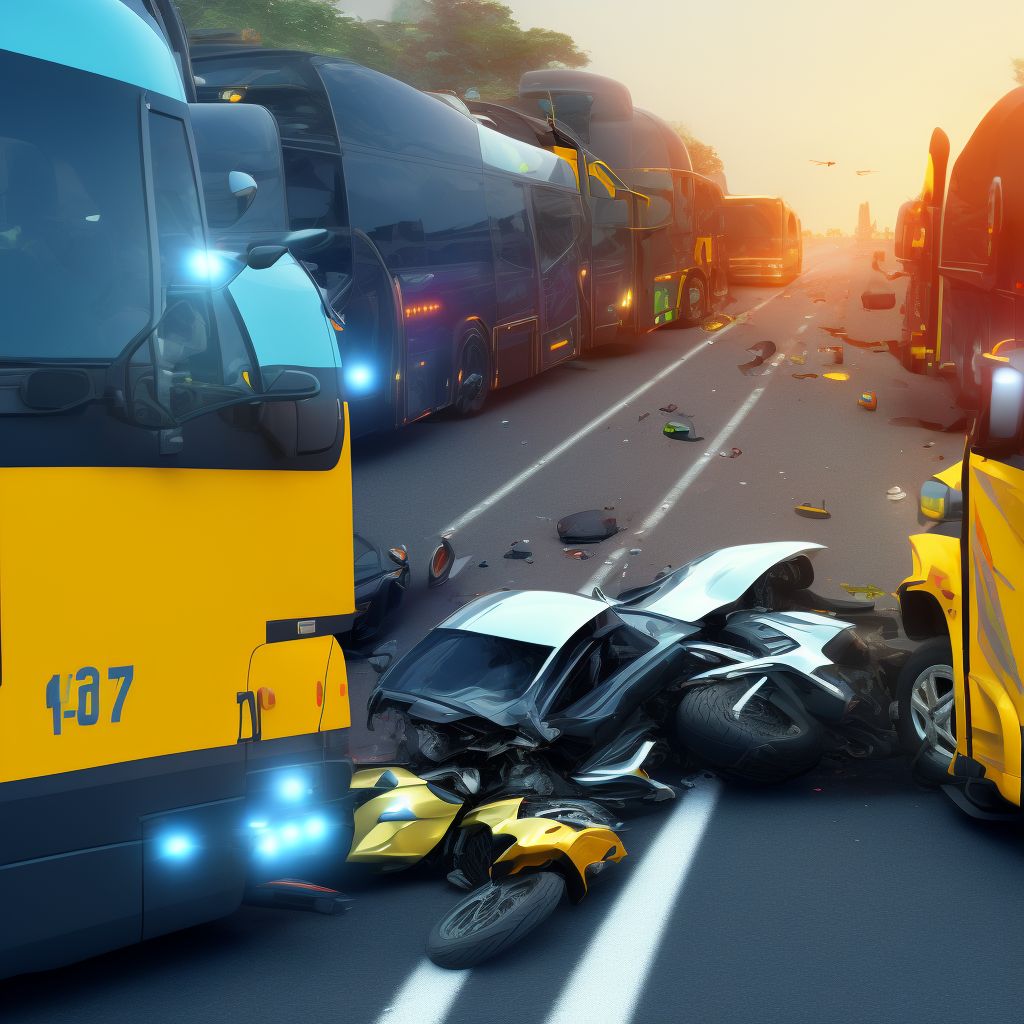 Other motorcycle driver injured in collision with heavy transport vehicle or bus in traffic accident, initial encounter digital illustration