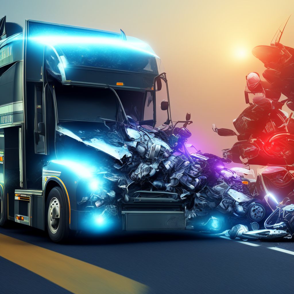 Motorcycle driver injured in collision with heavy transport vehicle or bus in traffic accident, subsequent encounter digital illustration