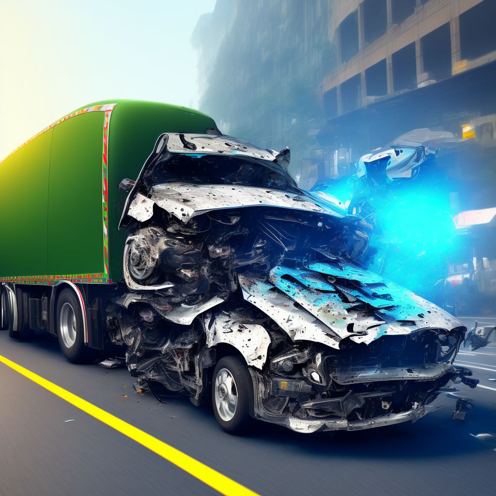 Other motorcycle passenger injured in collision with heavy transport vehicle or bus in traffic accident, initial encounter digital illustration