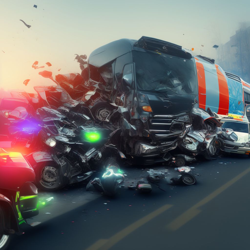 Other motorcycle passenger injured in collision with heavy transport vehicle or bus in traffic accident, sequela digital illustration