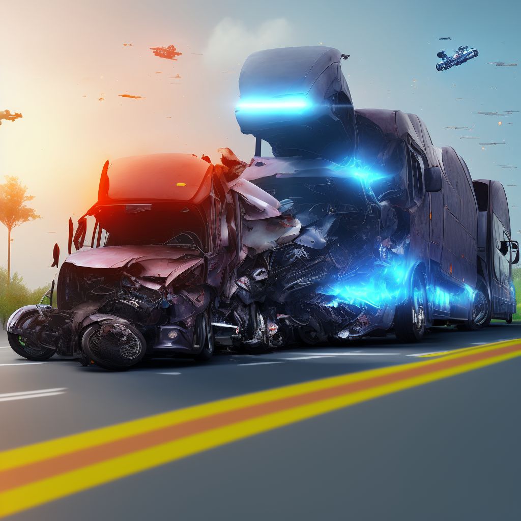 Motorcycle passenger injured in collision with heavy transport vehicle or bus in traffic accident, initial encounter digital illustration