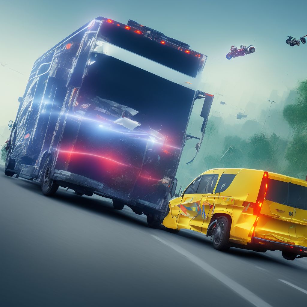 Motorcycle passenger injured in collision with heavy transport vehicle or bus in traffic accident, subsequent encounter digital illustration