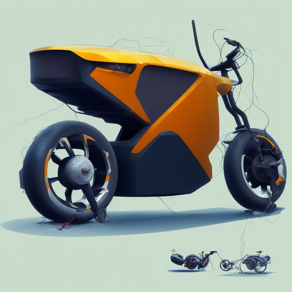 Unspecified electric (assisted) bicycle rider injured in collision with heavy transport vehicle or bus in traffic accident, initial encounter digital illustration