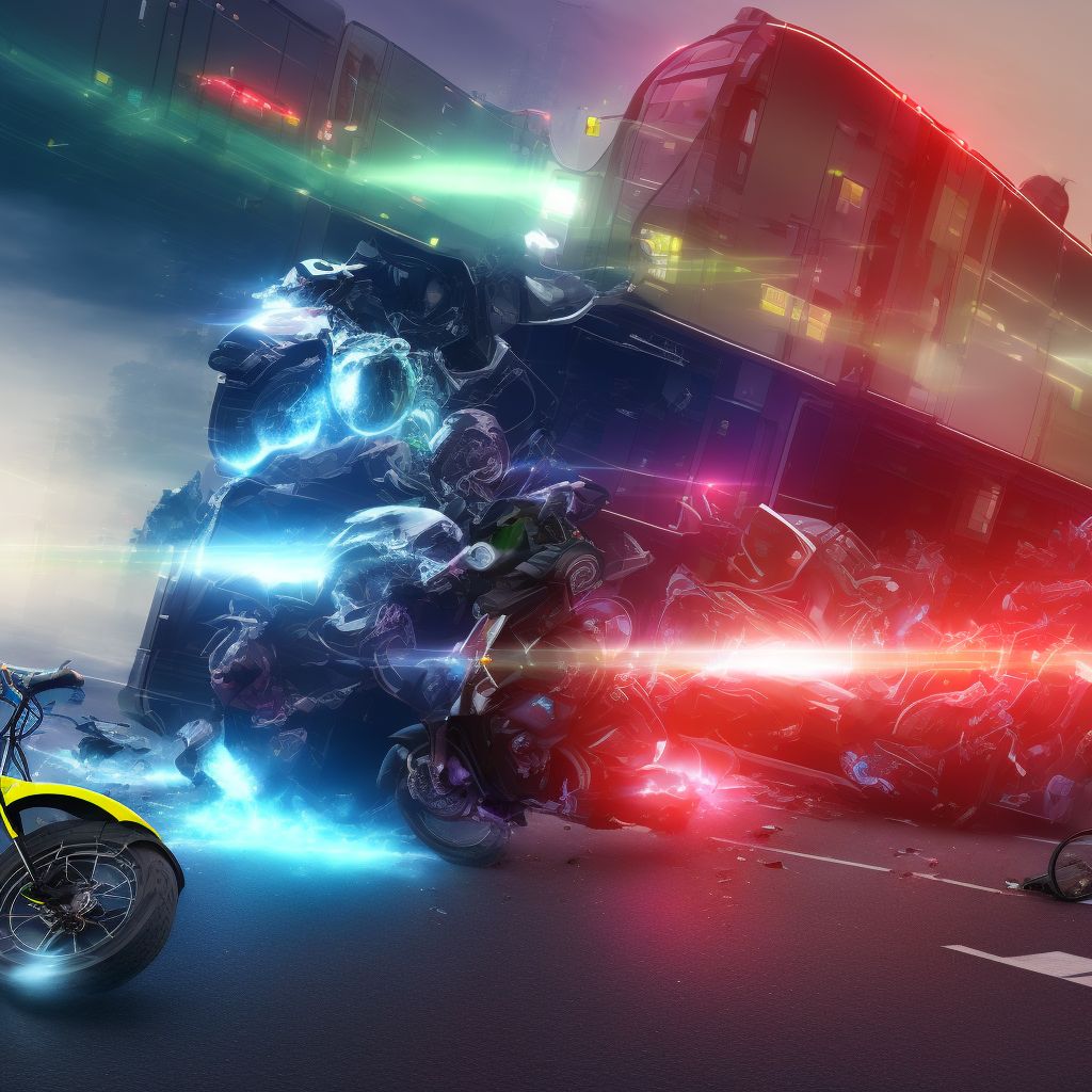 Unspecified electric (assisted) bicycle rider injured in collision with heavy transport vehicle or bus in traffic accident, sequela digital illustration