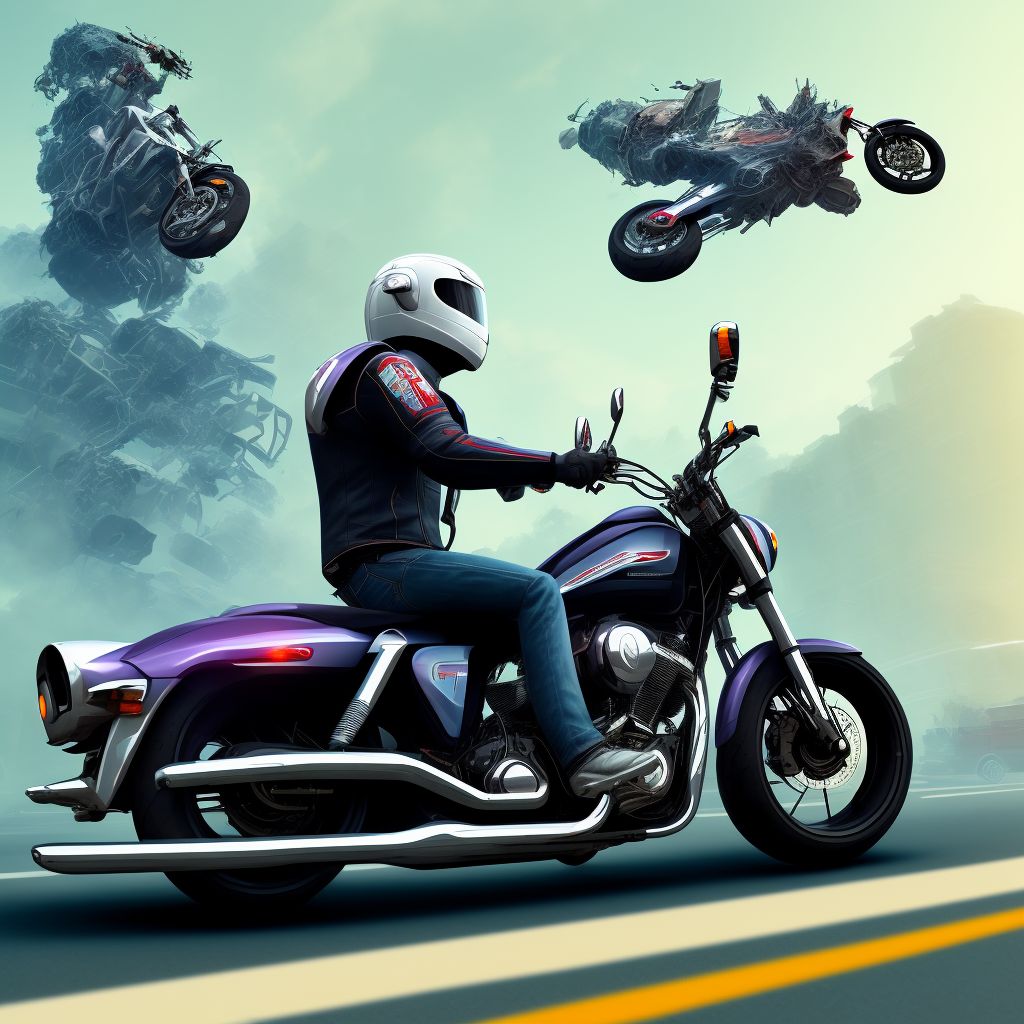 Unspecified rider of other motorcycle injured in collision with heavy transport vehicle or bus in traffic accident, subsequent encounter digital illustration