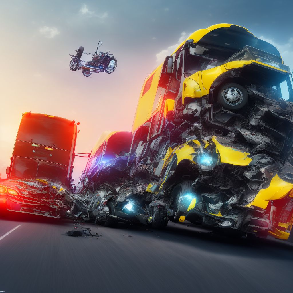 Unspecified motorcycle rider injured in collision with heavy transport vehicle or bus in traffic accident, subsequent encounter digital illustration