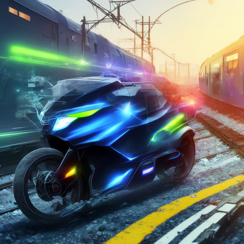 Electric (assisted) bicycle driver injured in collision with railway train or railway vehicle in nontraffic accident, subsequent encounter digital illustration