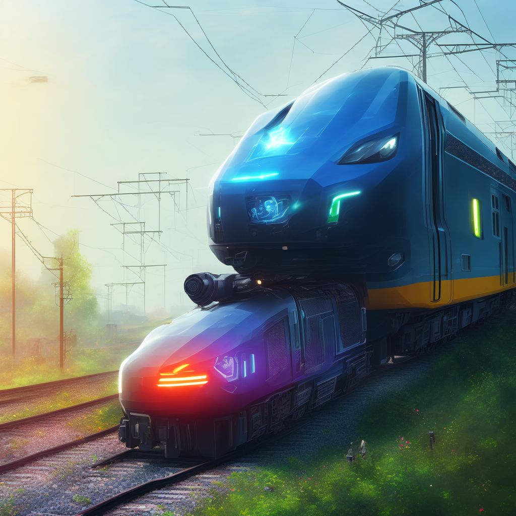 Electric (assisted) bicycle passenger injured in collision with railway train or railway vehicle in nontraffic accident, subsequent encounter digital illustration