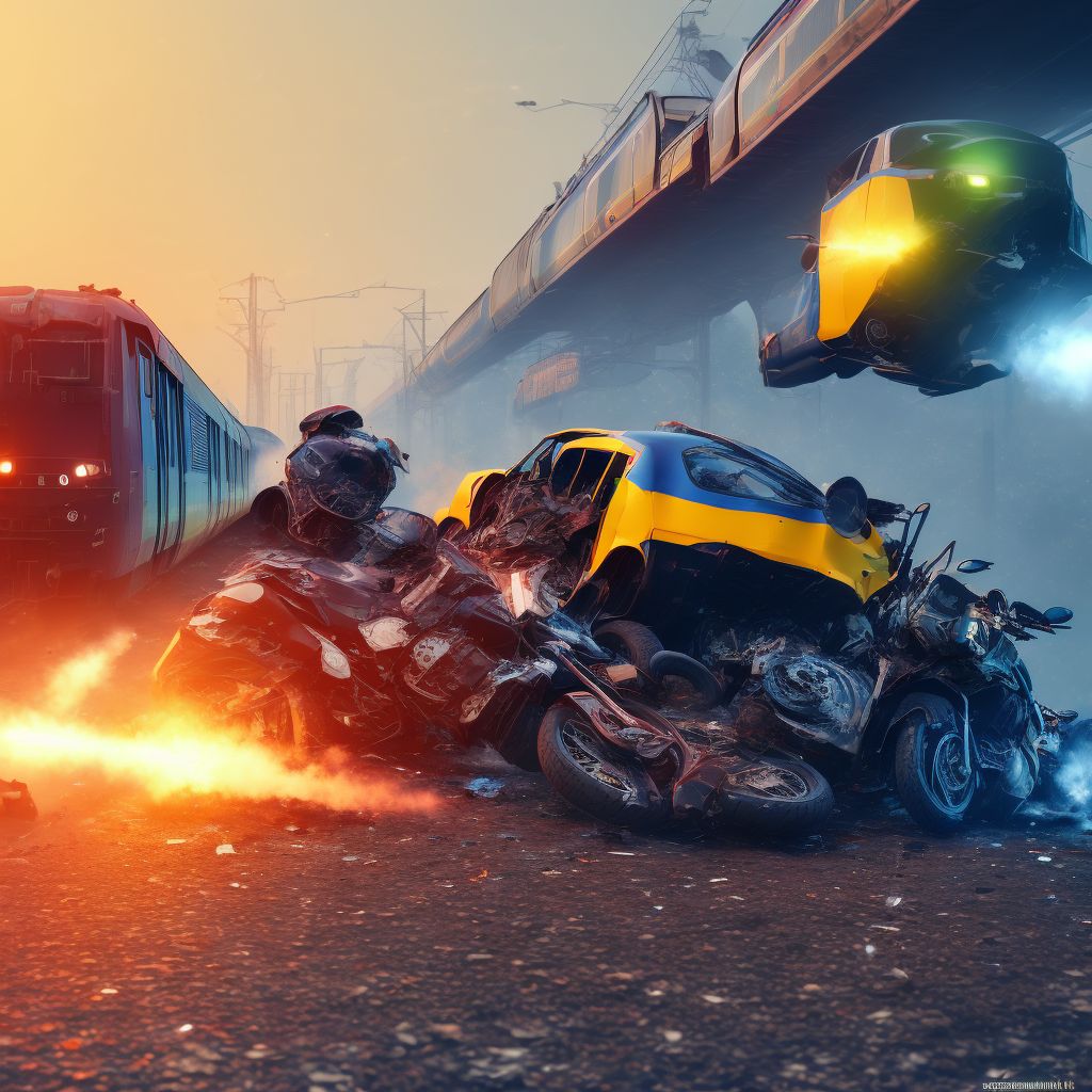 Other motorcycle passenger injured in collision with railway train or railway vehicle in nontraffic accident, initial encounter digital illustration