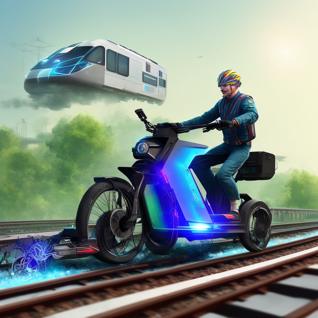 Unspecified electric (assisted) bicycle rider injured in collision with railway train or railway vehicle in nontraffic accident, initial encounter digital illustration