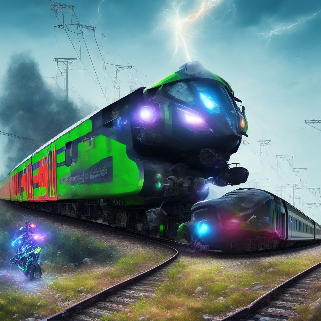 Unspecified electric (assisted) bicycle rider injured in collision with railway train or railway vehicle in nontraffic accident, subsequent encounter digital illustration