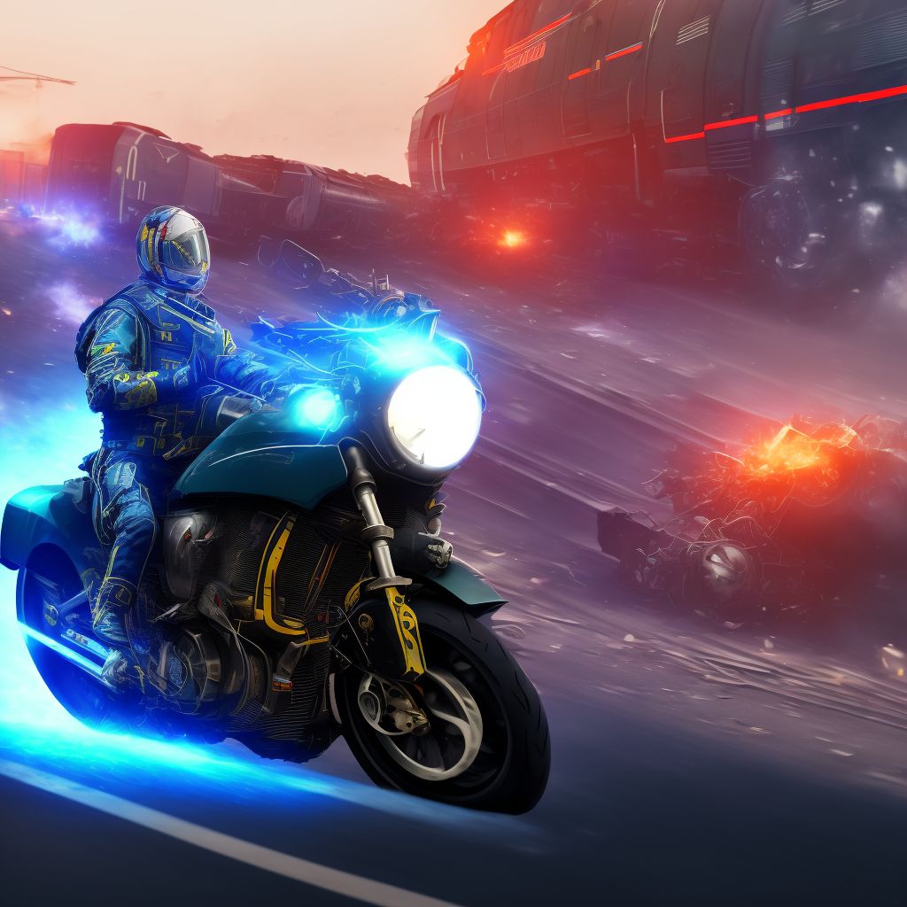 Unspecified motorcycle rider injured in collision with railway train or railway vehicle in nontraffic accident, subsequent encounter digital illustration