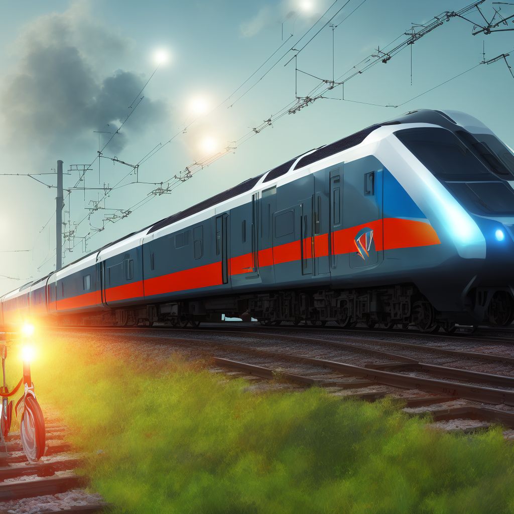 Person boarding or alighting an electric (assisted) bicycle injured in collision with railway train or railway vehicle, initial encounter digital illustration