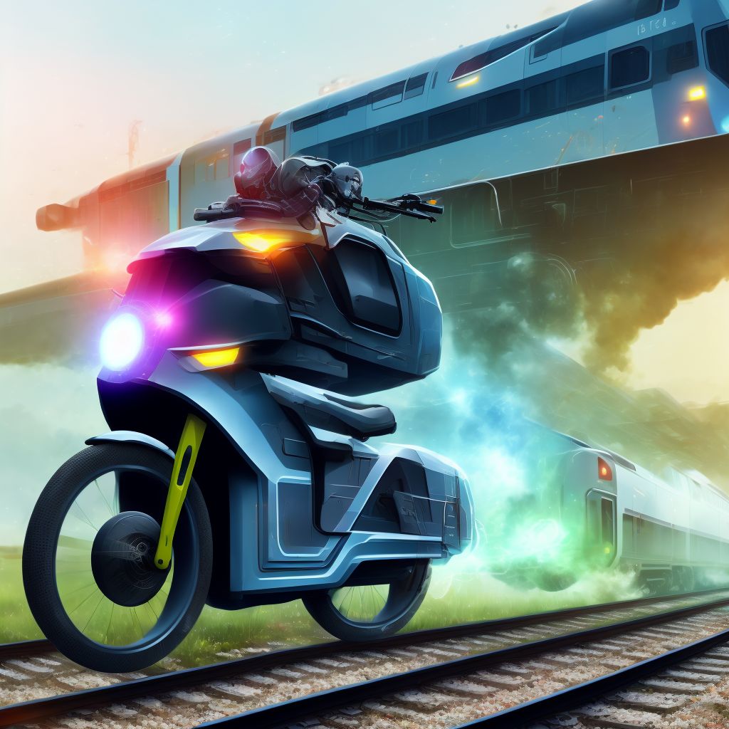 Person boarding or alighting an electric (assisted) bicycle injured in collision with railway train or railway vehicle, sequela digital illustration