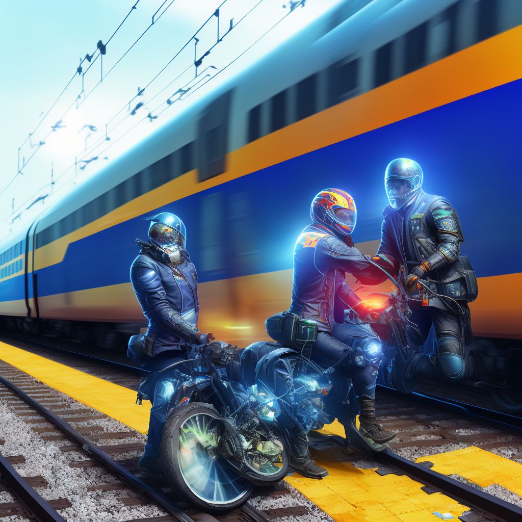 Person boarding or alighting other motorcycle injured in collision with railway train or railway vehicle, subsequent encounter digital illustration