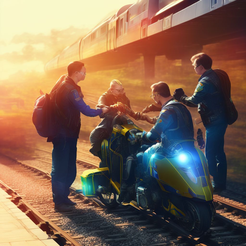 Person boarding or alighting a motorcycle injured in collision with railway train or railway vehicle, subsequent encounter digital illustration