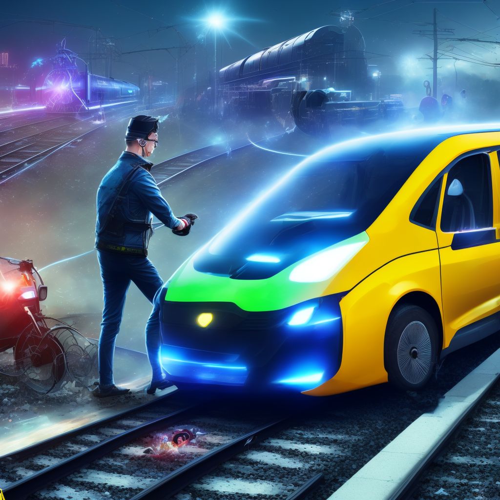 Electric (assisted) bicycle driver injured in collision with railway train or railway vehicle in traffic accident, initial encounter digital illustration