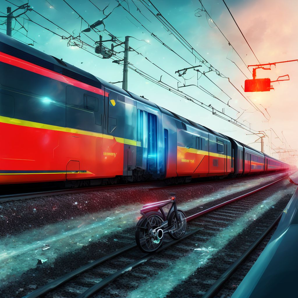 Electric (assisted) bicycle driver injured in collision with railway train or railway vehicle in traffic accident, sequela digital illustration