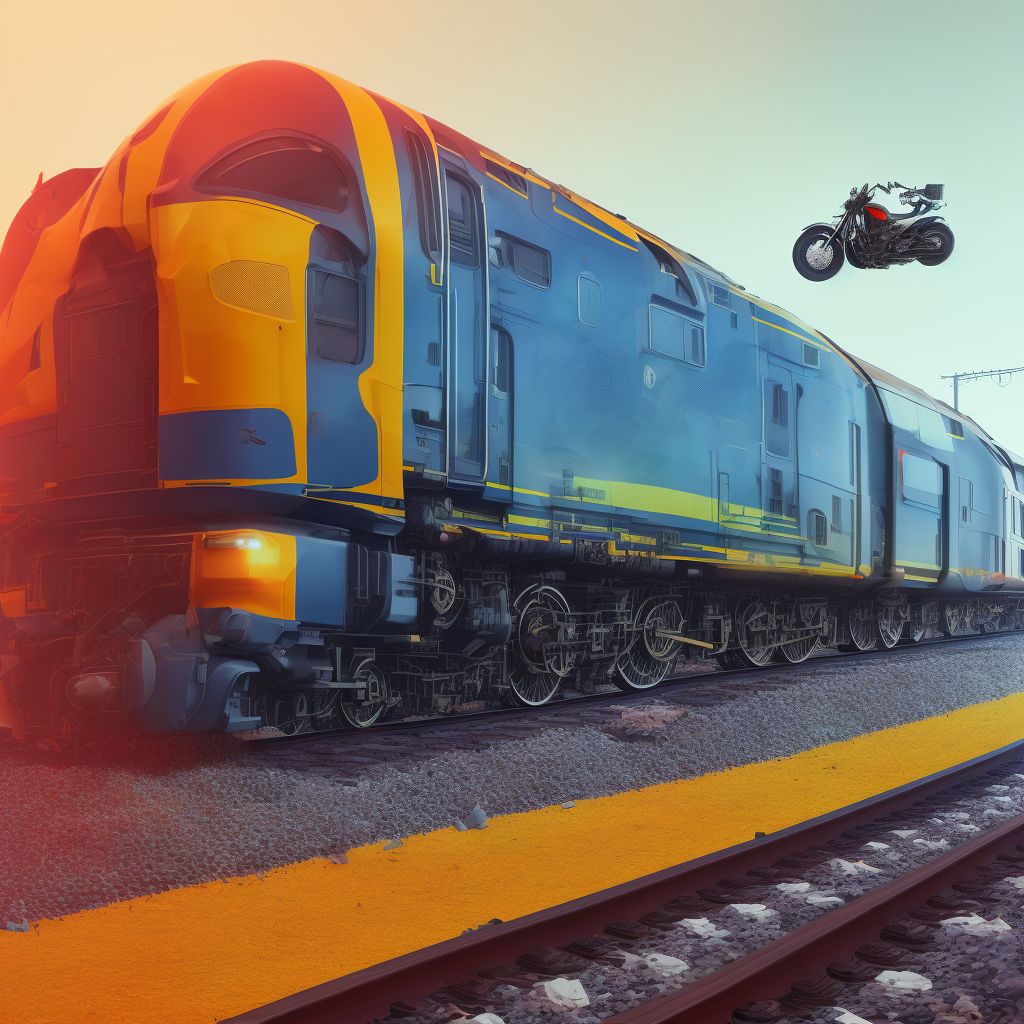 Motorcycle driver injured in collision with railway train or railway vehicle in traffic accident, sequela digital illustration