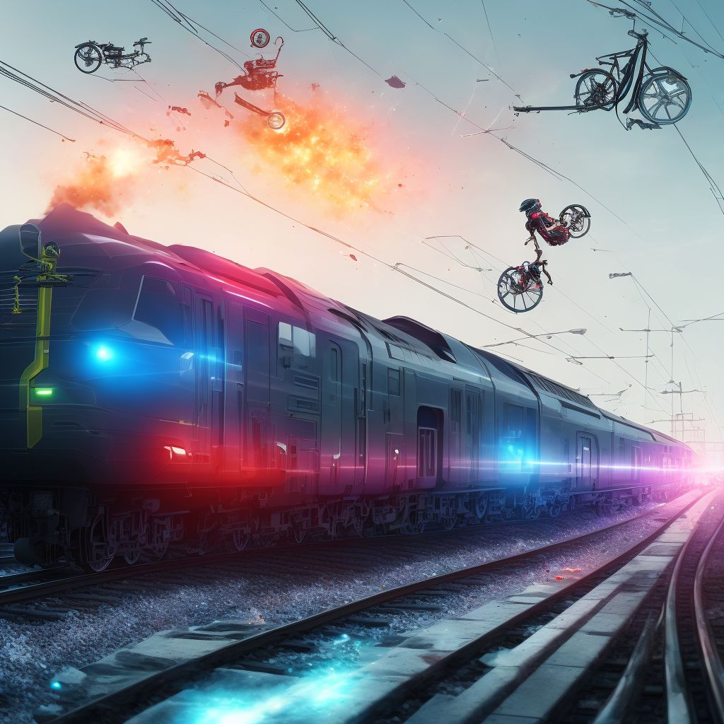 Unspecified electric (assisted) bicycle rider injured in collision with railway train or railway vehicle in traffic accident, subsequent encounter digital illustration