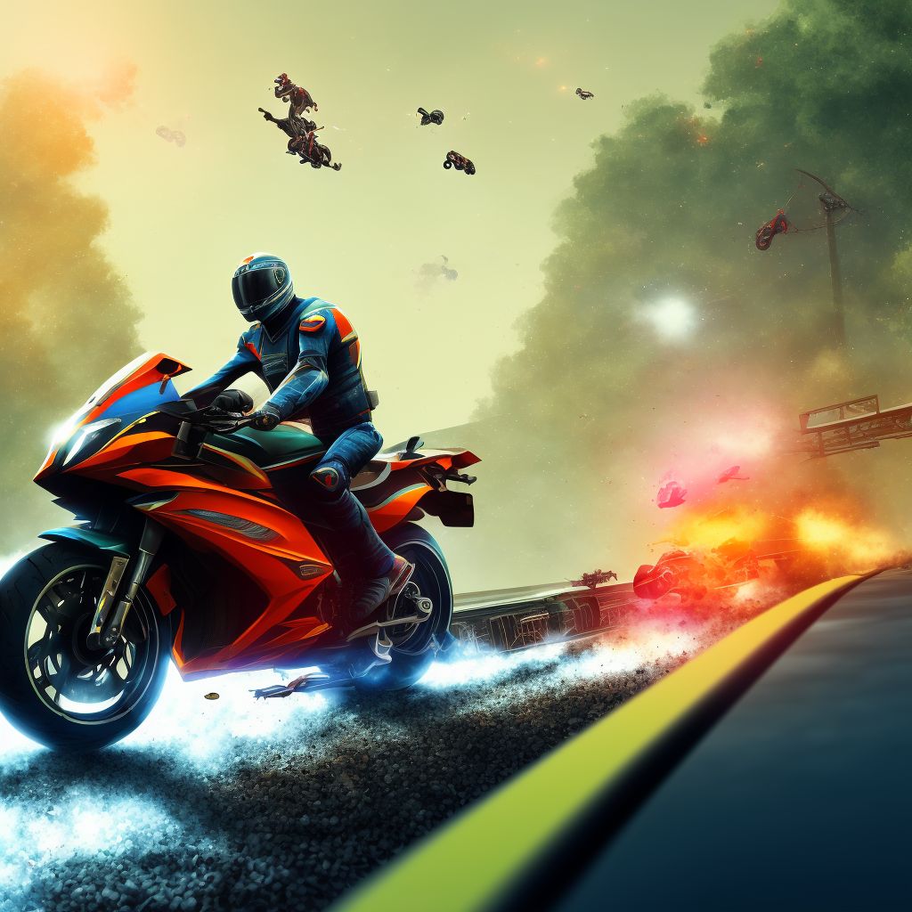 Unspecified rider of other motorcycle injured in collision with railway train or railway vehicle in traffic accident, initial encounter digital illustration