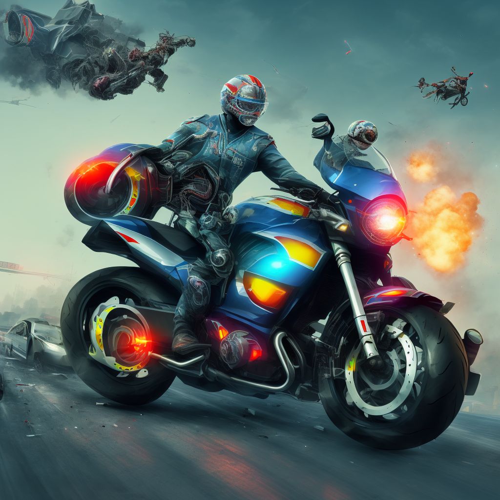 Unspecified rider of other motorcycle injured in collision with railway train or railway vehicle in traffic accident, subsequent encounter digital illustration